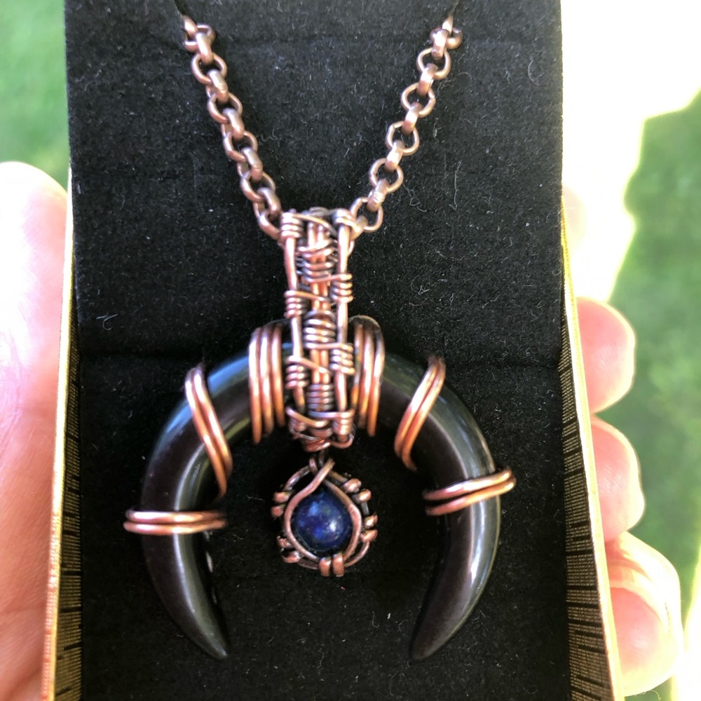 Hand Crafted Obsidian and Lapis Copper Crescent Horn Necklace Pendant